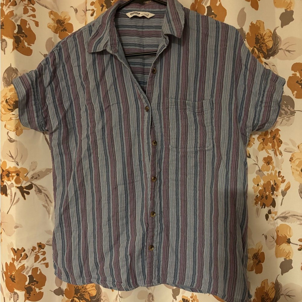 Sonoma Blue and Purple Button Down Shirt with Striped Pattern
